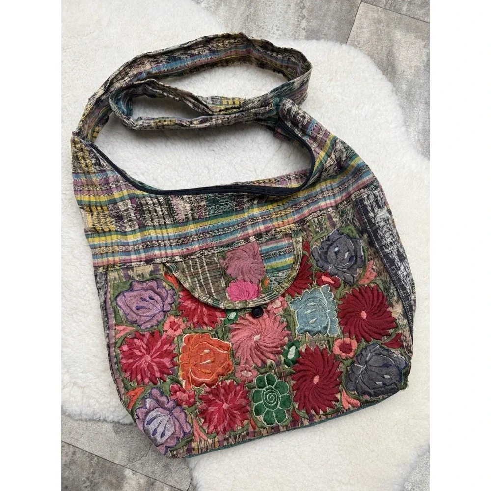 Boho Floral Embroidered Hobo Crossbody Patchwork Hippie Tapestry Folk Art Purse